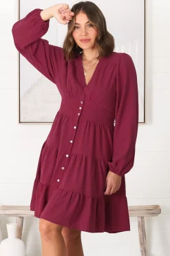 Soho Mini Dress - A Line Button Down Tiered Dress in Berry><noscript><img width=