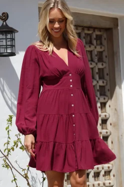 Soho Mini Dress - A Line Button Down Tiered Dress in Berry><noscript><img width=