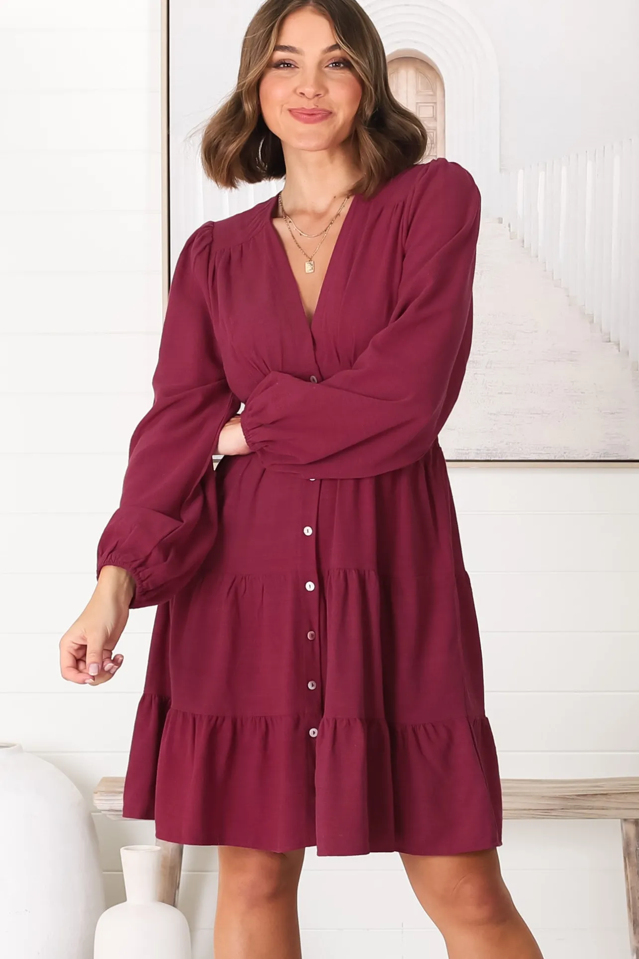 Soho Mini Dress - A Line Button Down Tiered Dress in Berry>Salty Crush Best