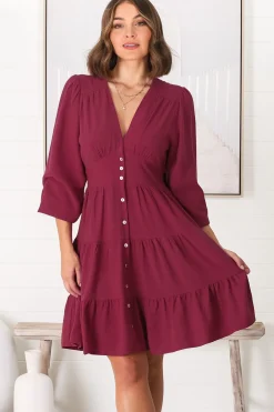Soho Mini Dress - A Line Button Down Tiered Dress in Berry><noscript><img width=