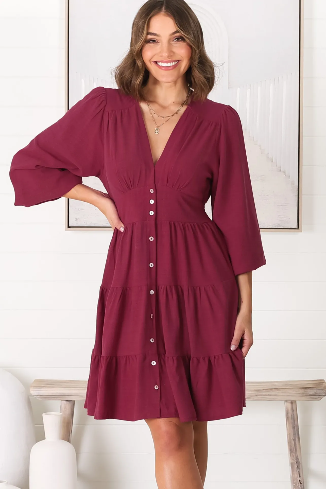Soho Mini Dress - A Line Button Down Tiered Dress in Berry>Salty Crush Best