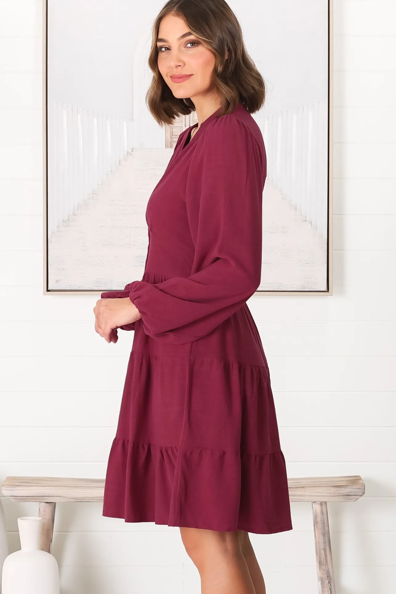 Soho Mini Dress - A Line Button Down Tiered Dress in Berry>Salty Crush Best