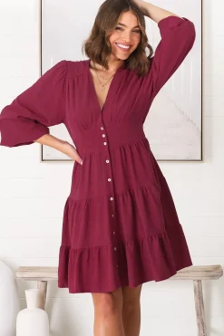 Soho Mini Dress - A Line Button Down Tiered Dress in Berry><noscript><img width=