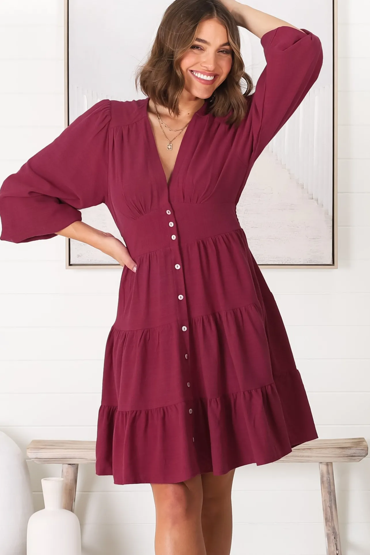 Soho Mini Dress - A Line Button Down Tiered Dress in Berry>Salty Crush Best