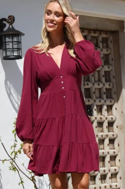 Soho Mini Dress - A Line Button Down Tiered Dress in Berry><noscript><img width=