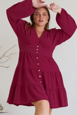 Soho Mini Dress - A Line Button Down Tiered Dress in Berry><noscript><img width=