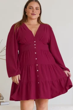 Soho Mini Dress - A Line Button Down Tiered Dress in Berry><noscript><img width=
