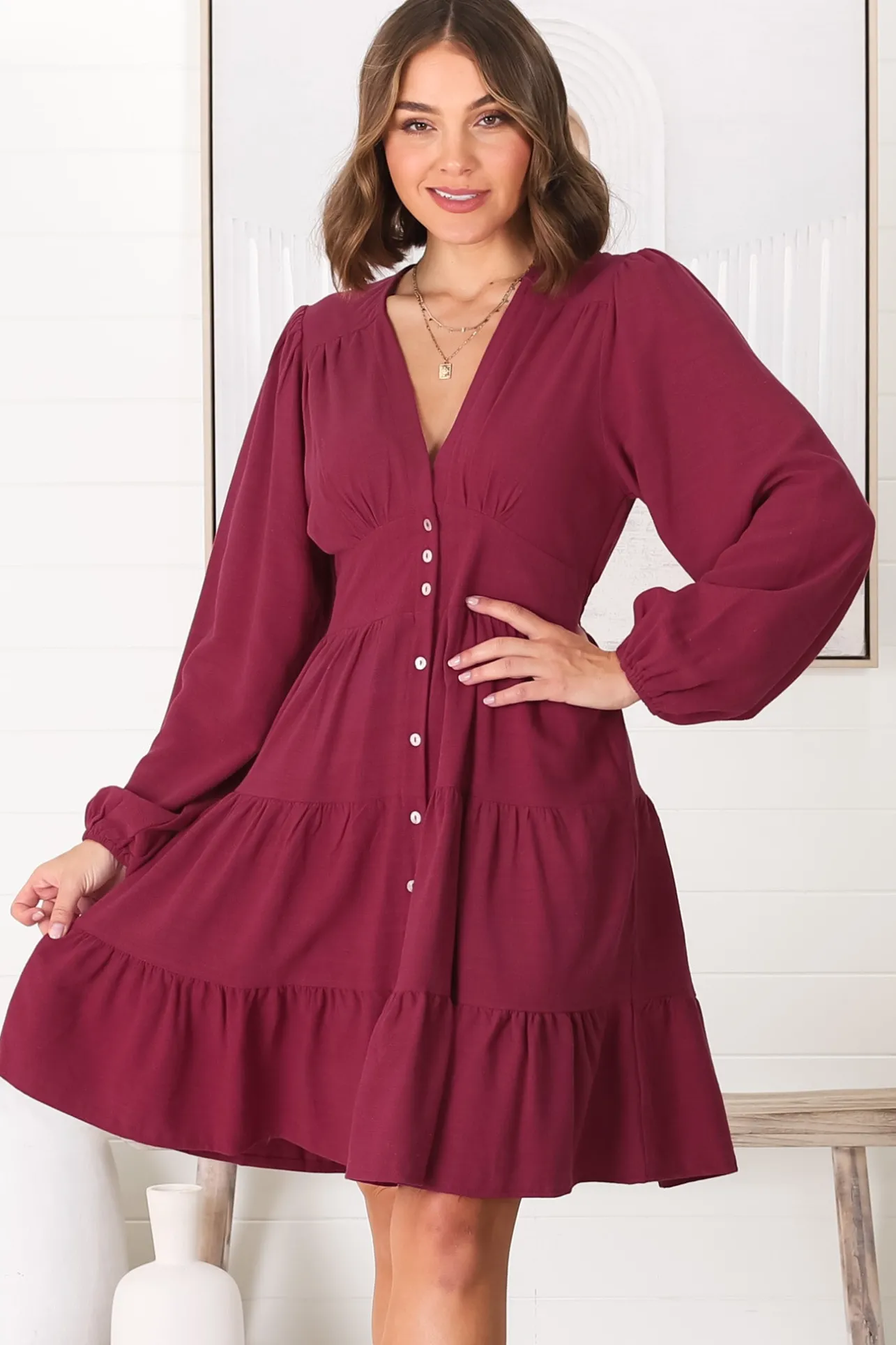 Soho Mini Dress - A Line Button Down Tiered Dress in Berry>Salty Crush Best