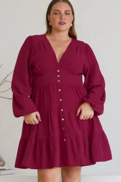 Soho Mini Dress - A Line Button Down Tiered Dress in Berry><noscript><img width=