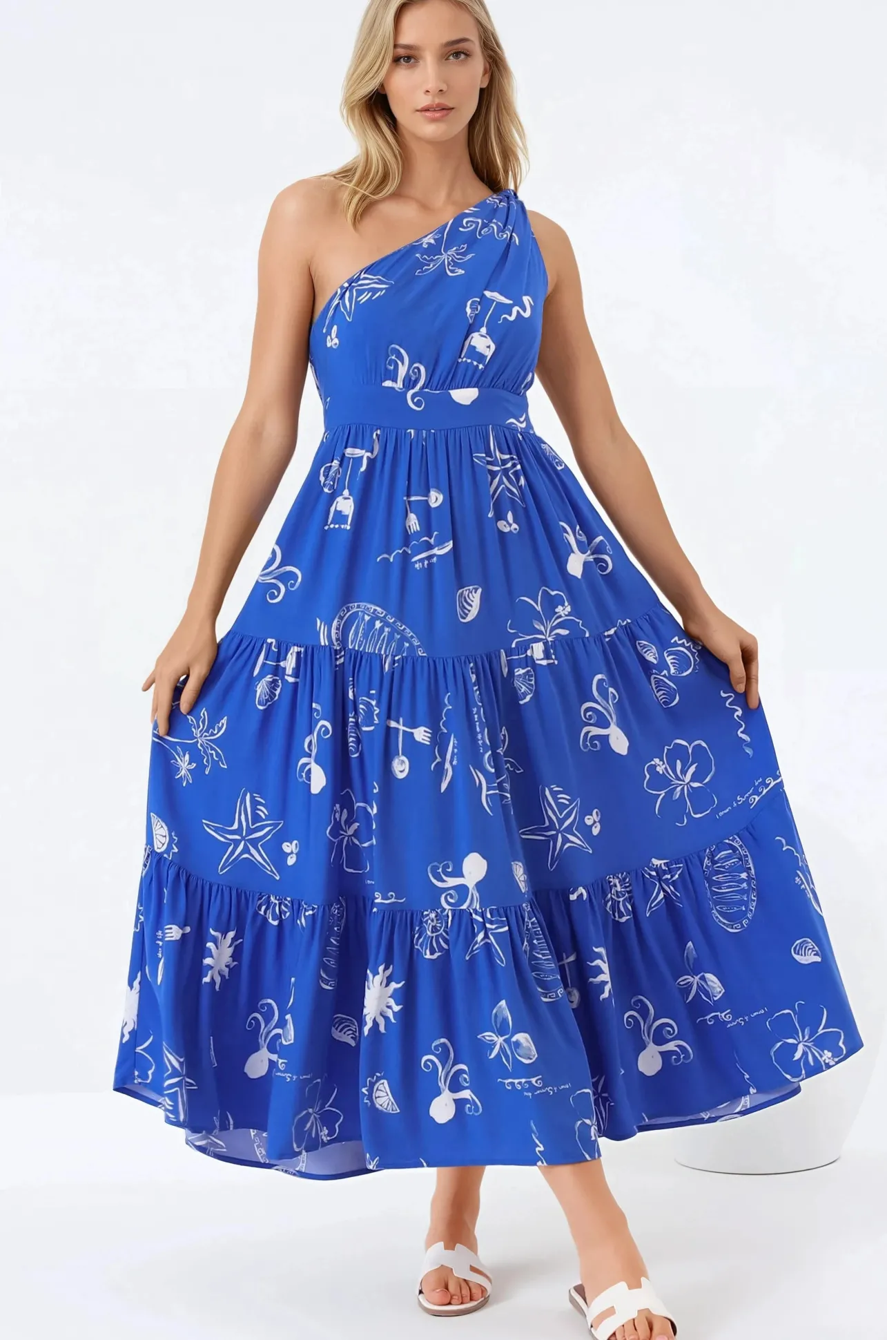 Solara Midi Dress - One Shoulder A-Line Midi Dress in Umiko Print>Salty Crush Best