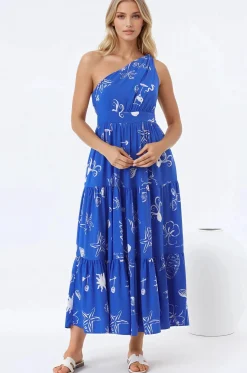 Solara Midi Dress - One Shoulder A-Line Midi Dress in Umiko Print>Salty Crush Best