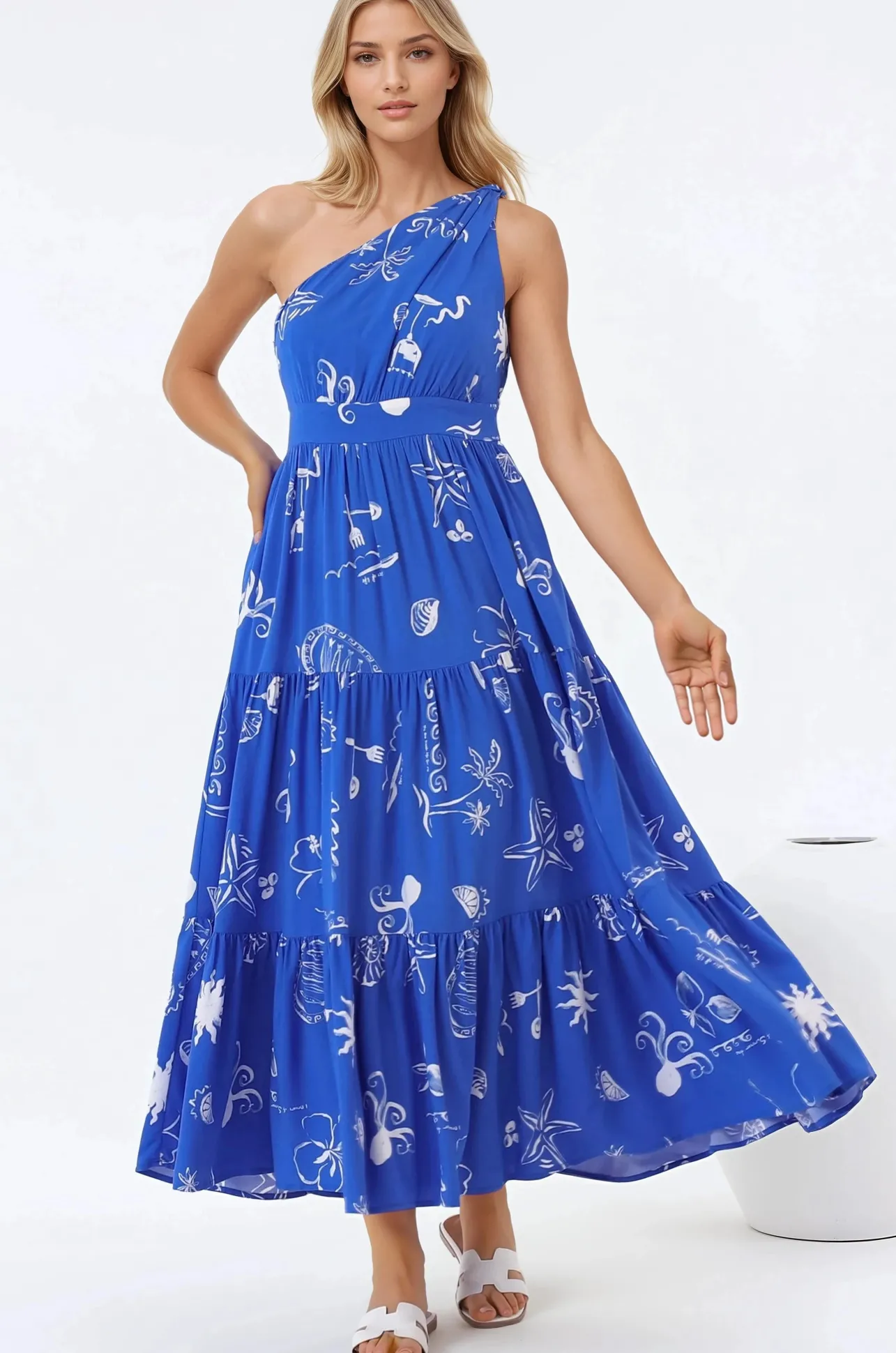 Solara Midi Dress - One Shoulder A-Line Midi Dress in Umiko Print>Salty Crush Best