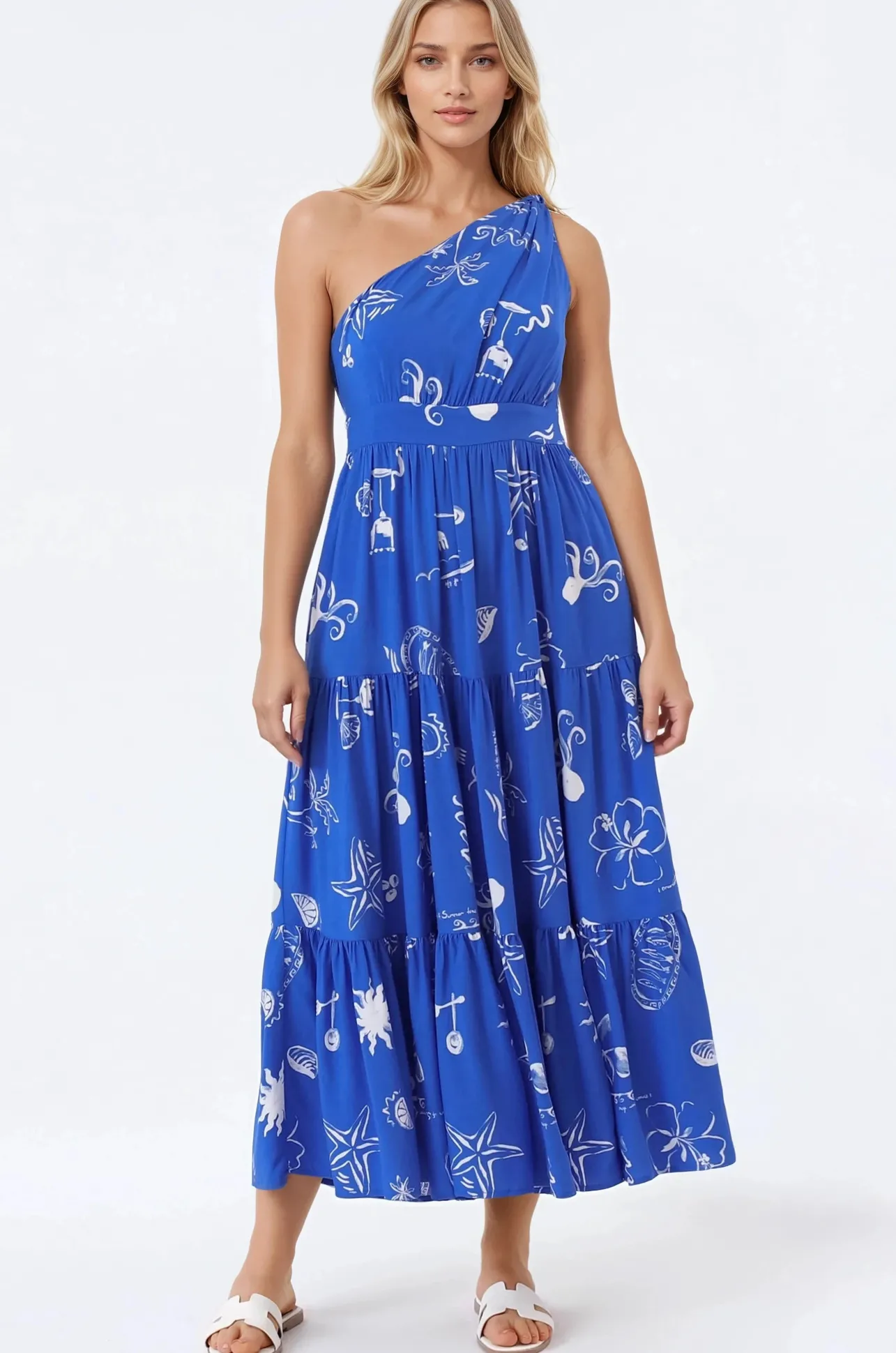 Solara Midi Dress - One Shoulder A-Line Midi Dress in Umiko Print>Salty Crush Best
