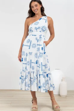 Solara Midi Dress - One Shoulder A-Line Midi Dress in Jorah Print>Salty Crush Discount