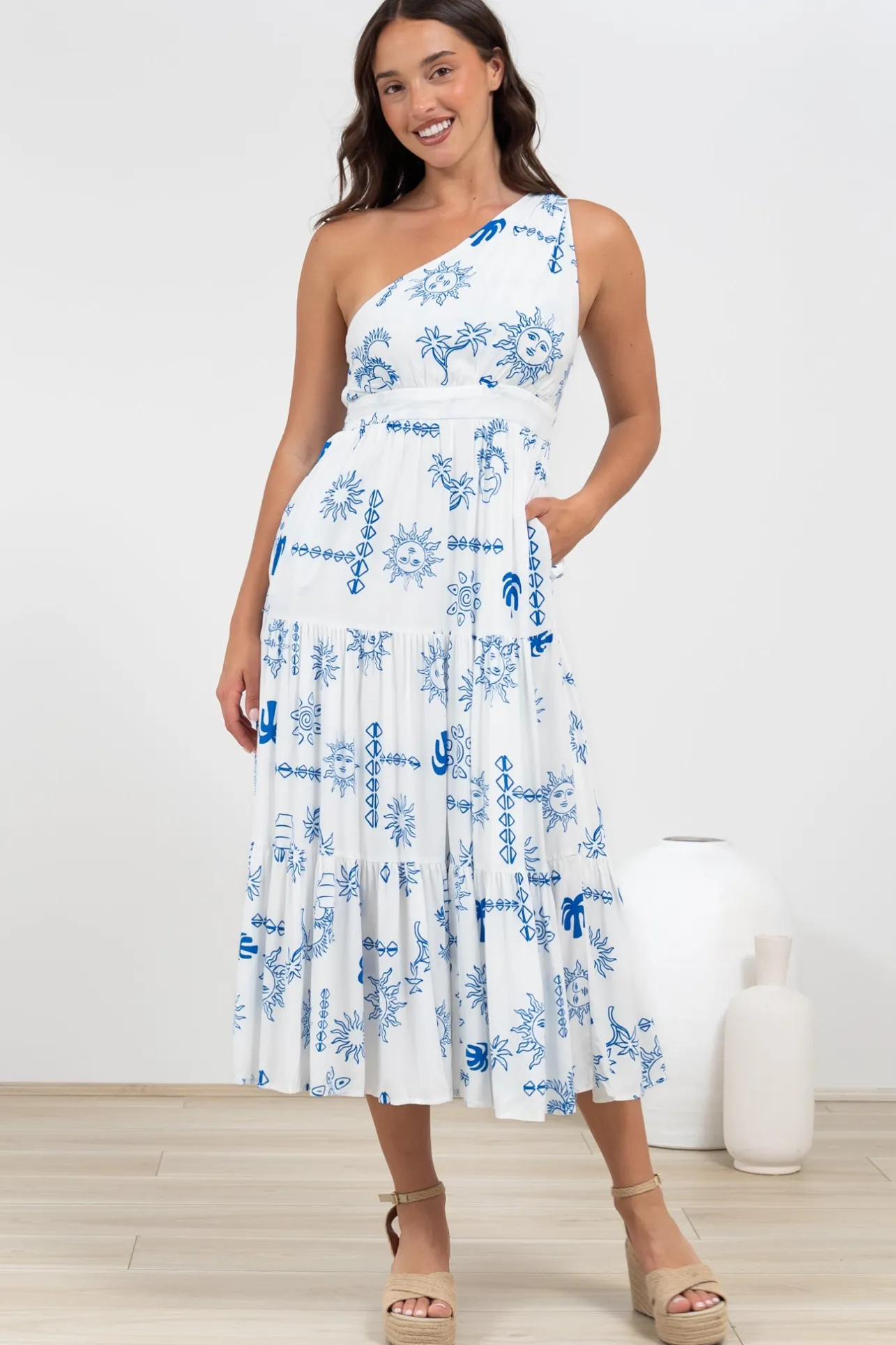 Solara Midi Dress - One Shoulder A-Line Midi Dress in Jorah Print>Salty Crush Discount