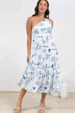 Solara Midi Dress - One Shoulder A-Line Midi Dress in Jorah Print>Salty Crush Discount