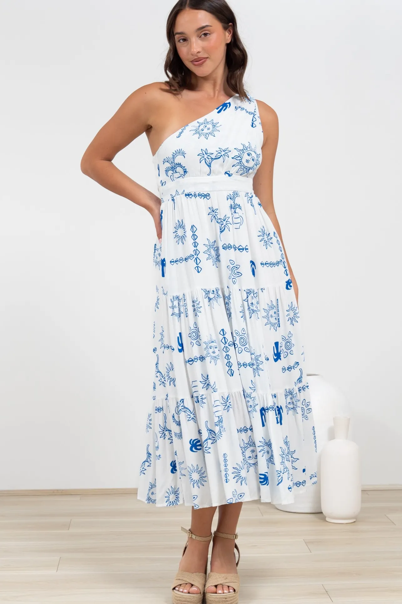 Solara Midi Dress - One Shoulder A-Line Midi Dress in Jorah Print>Salty Crush Discount