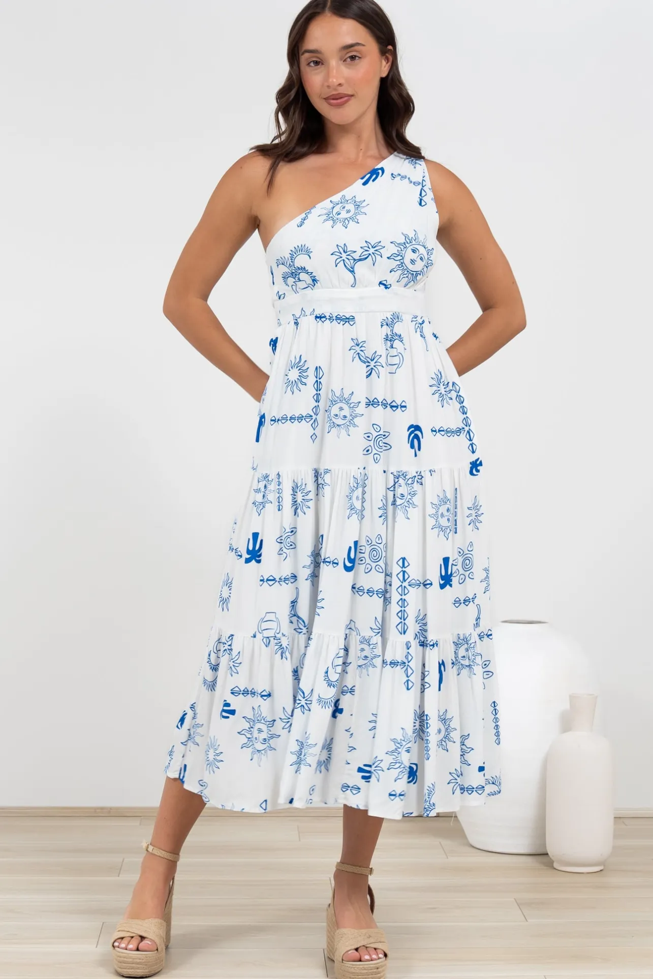 Solara Midi Dress - One Shoulder A-Line Midi Dress in Jorah Print>Salty Crush Discount