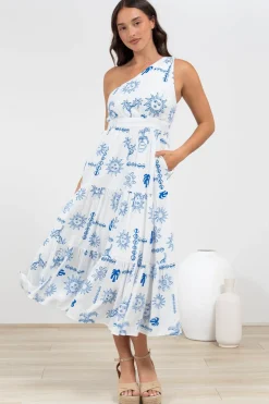 Solara Midi Dress - One Shoulder A-Line Midi Dress in Jorah Print><noscript><img width=