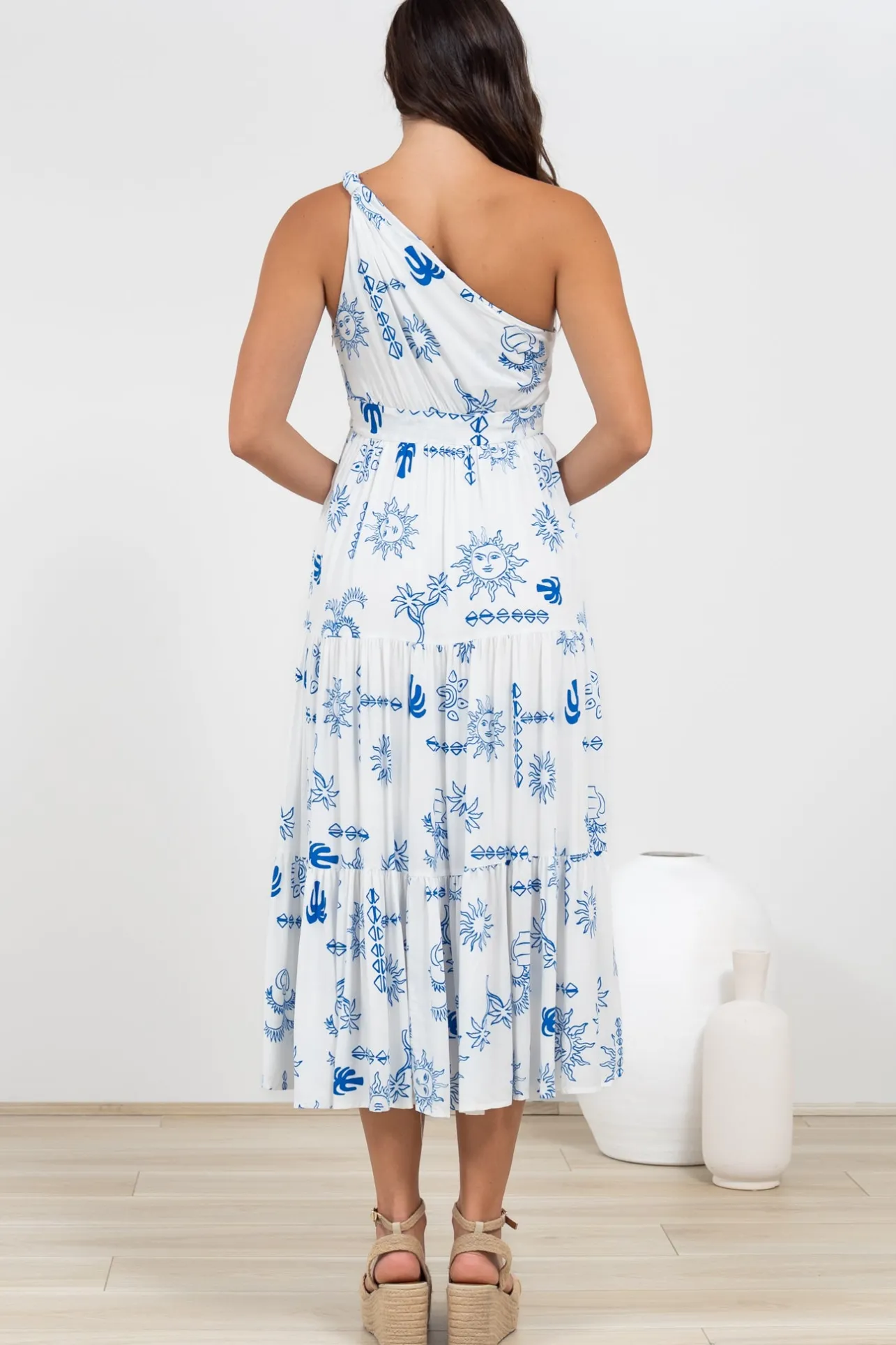 Solara Midi Dress - One Shoulder A-Line Midi Dress in Jorah Print>Salty Crush Discount