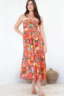 Solie Midi Dress - Halter Neck Dress with Elasticated Back in Pina Colada Print>Salty Crush Hot