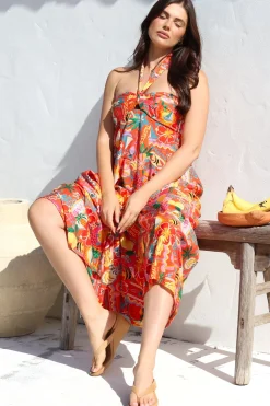Solie Midi Dress - Halter Neck Dress with Elasticated Back in Pina Colada Print>Salty Crush Hot