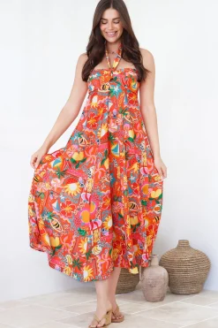 Solie Midi Dress - Halter Neck Dress with Elasticated Back in Pina Colada Print><noscript><img width=