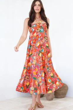 Solie Midi Dress - Halter Neck Dress with Elasticated Back in Pina Colada Print><noscript><img width=