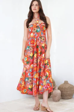 Solie Midi Dress - Halter Neck Dress with Elasticated Back in Pina Colada Print><noscript><img width=