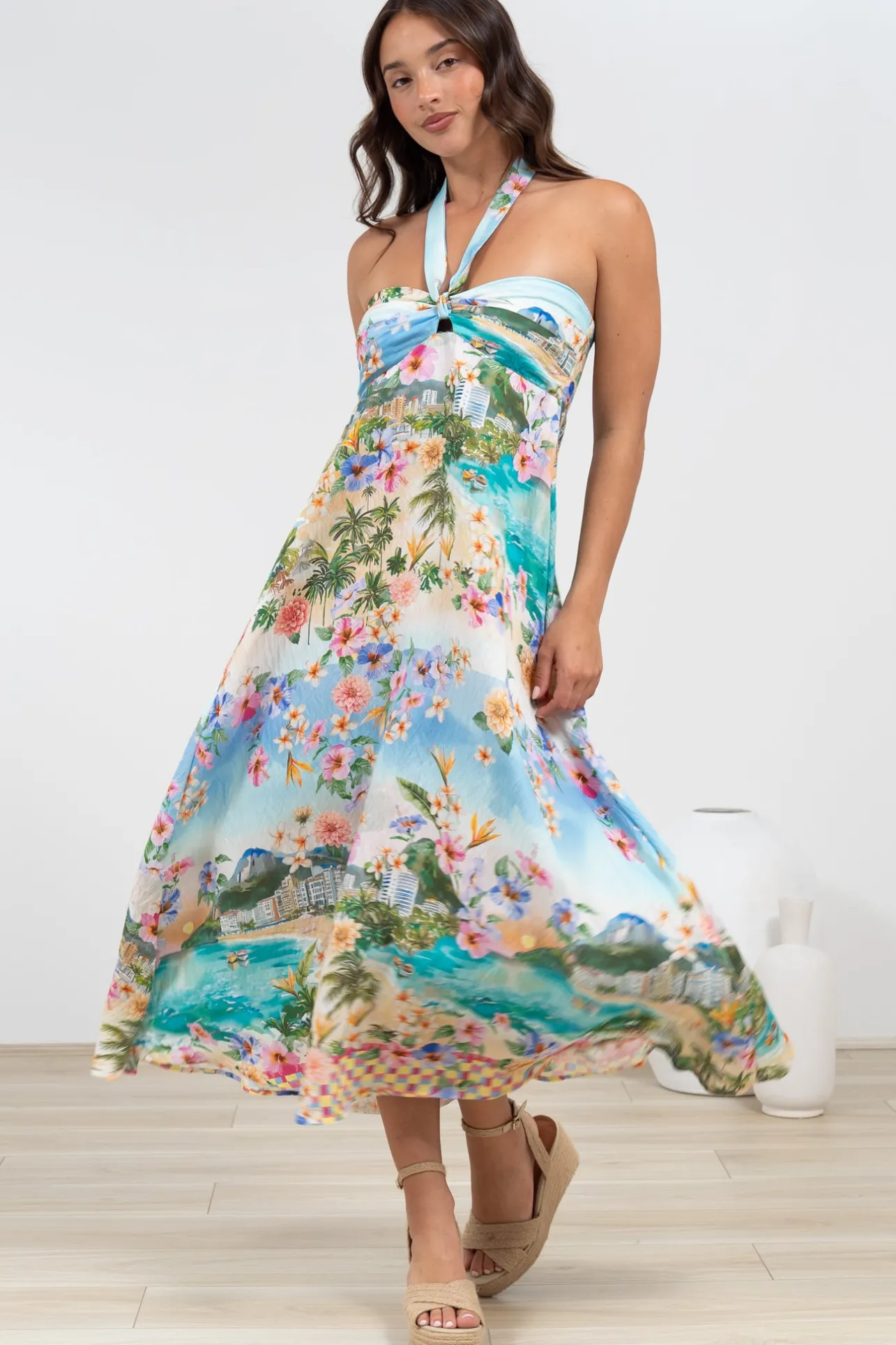 Solie Midi Dress - Halter Neck Dress with Elasticated Back in Della Print>Salty Crush Clearance