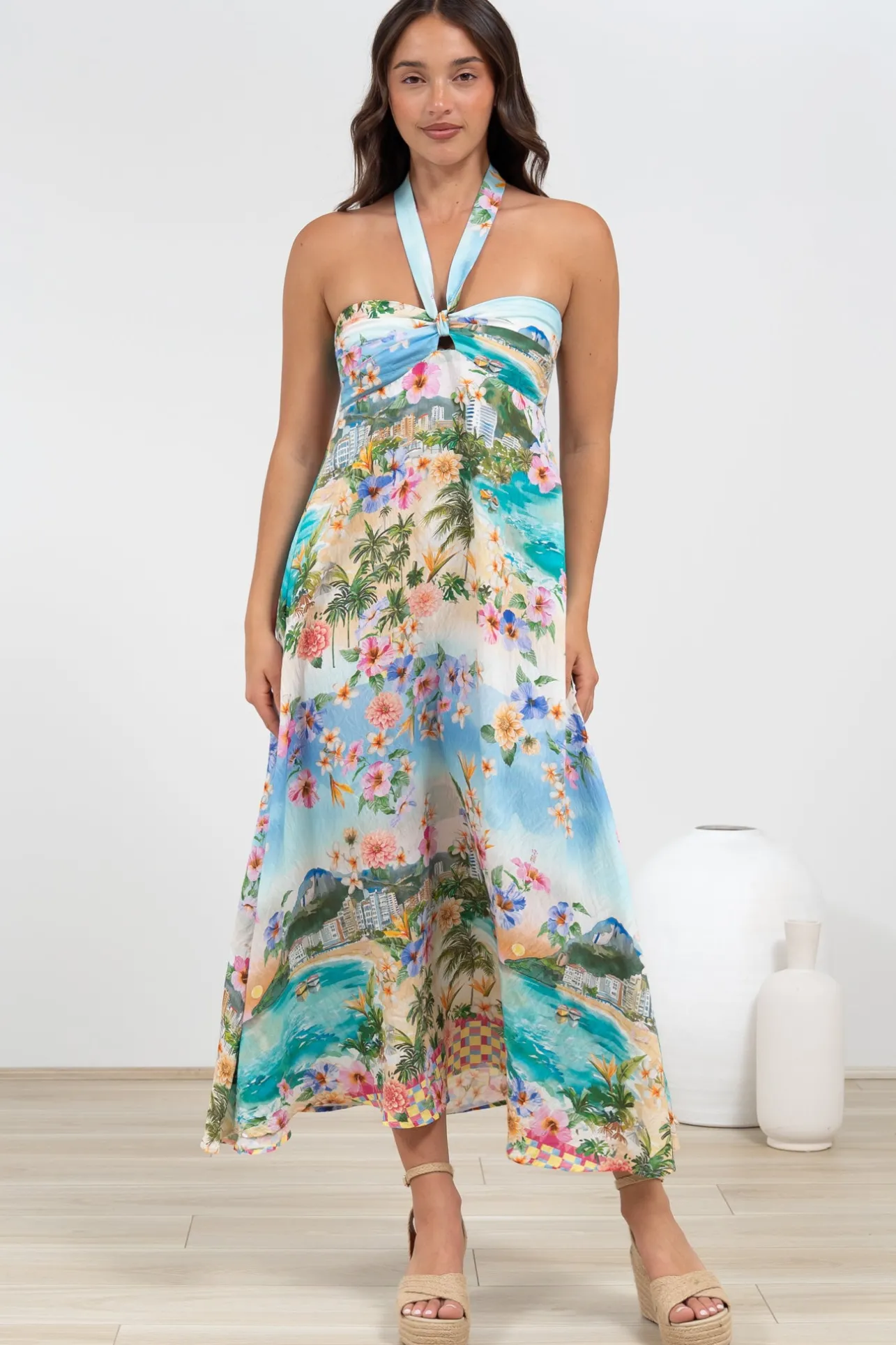 Solie Midi Dress - Halter Neck Dress with Elasticated Back in Della Print>Salty Crush Clearance