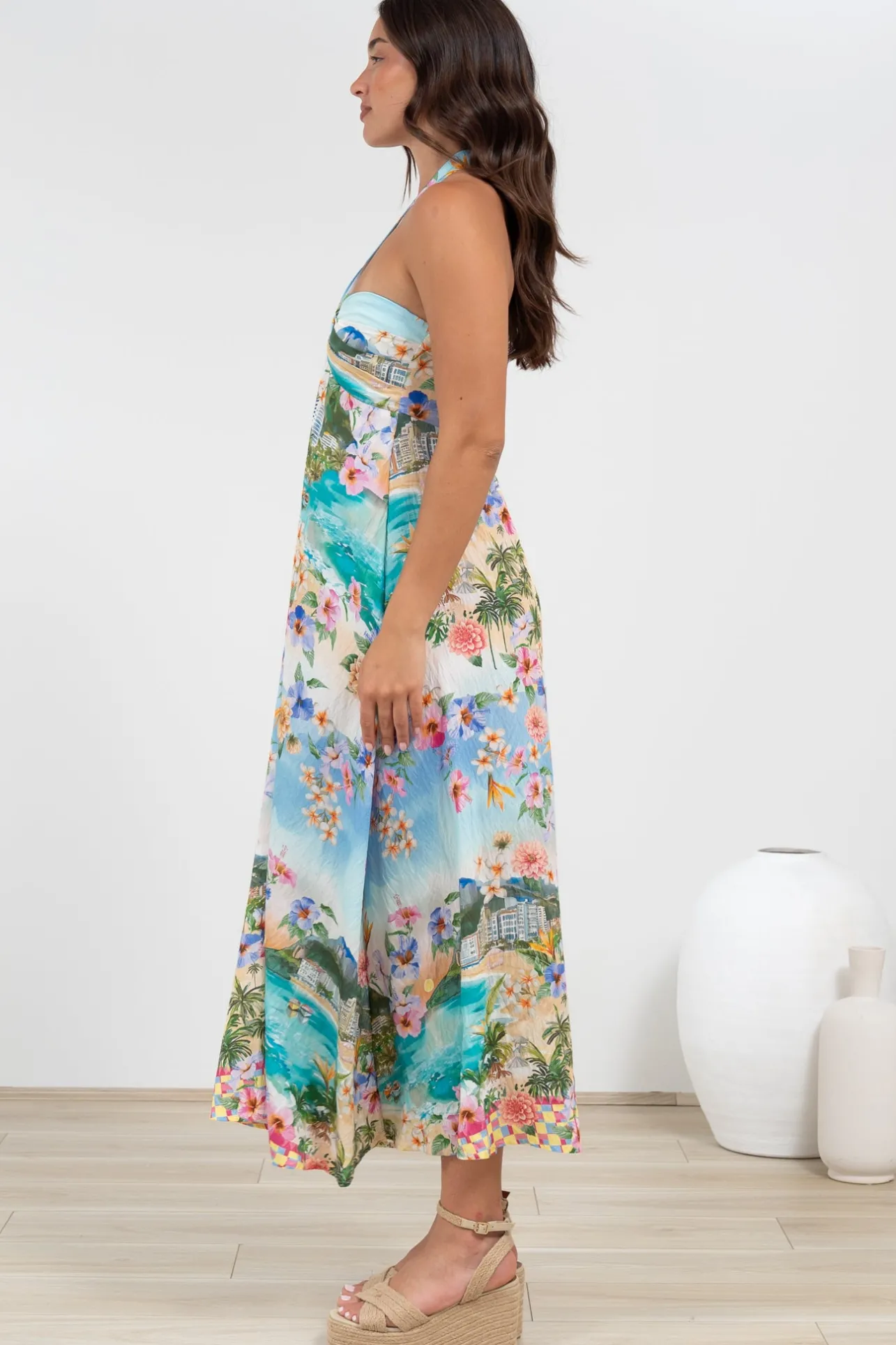 Solie Midi Dress - Halter Neck Dress with Elasticated Back in Della Print>Salty Crush Clearance