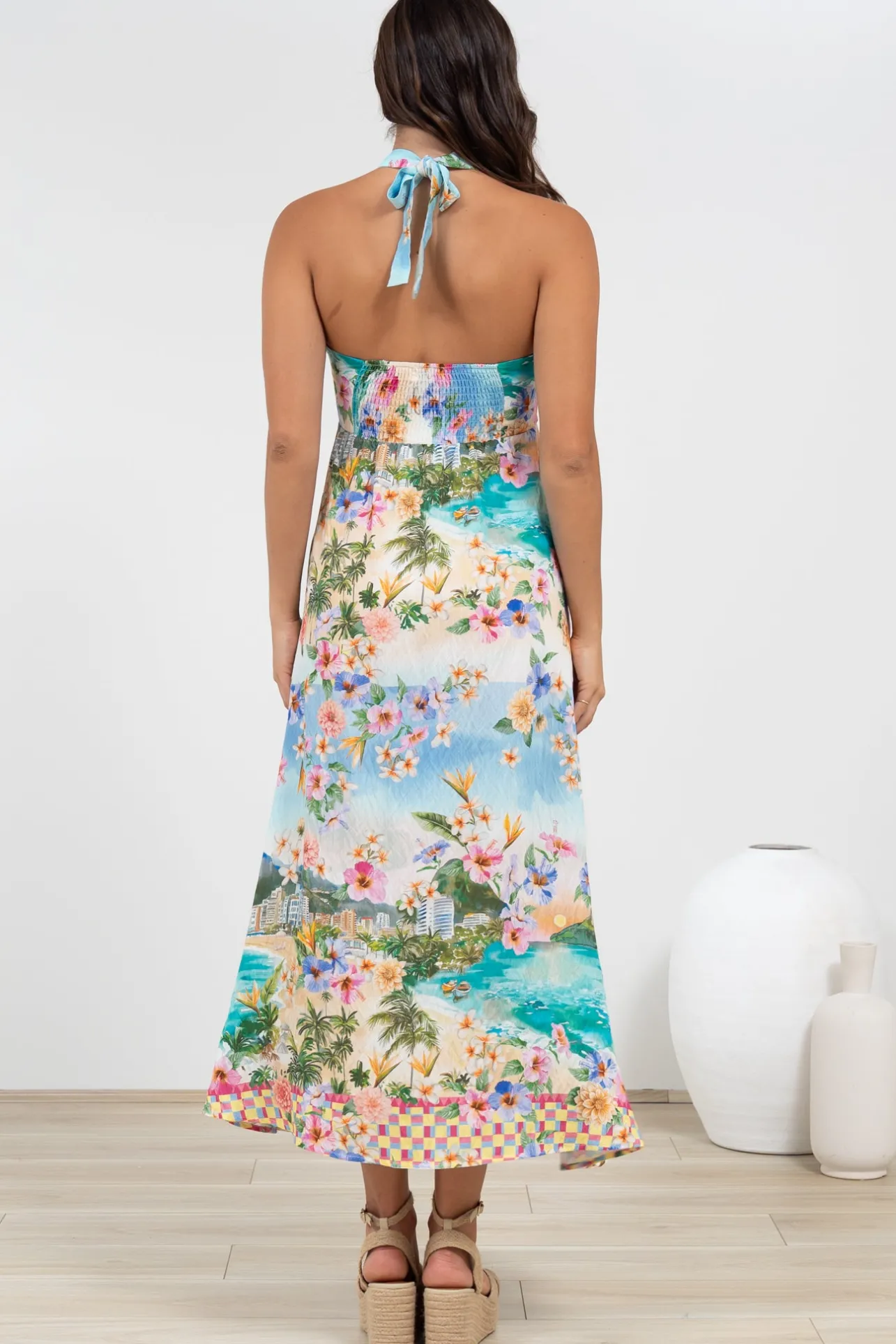 Solie Midi Dress - Halter Neck Dress with Elasticated Back in Della Print>Salty Crush Clearance