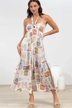 Solie Midi Dress - Halter Neck Dress with Elasticated Back in Reina Print>Salty Crush Online