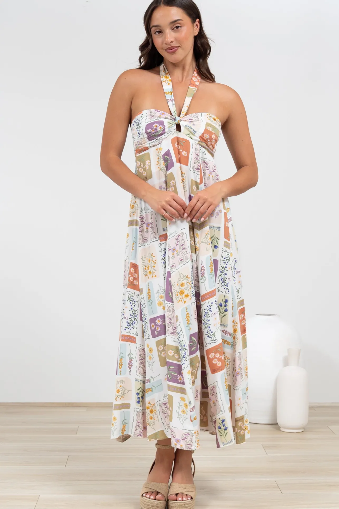 Solie Midi Dress - Halter Neck Dress with Elasticated Back in Reina Print>Salty Crush Online