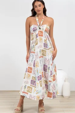 Solie Midi Dress - Halter Neck Dress with Elasticated Back in Reina Print><noscript><img width=
