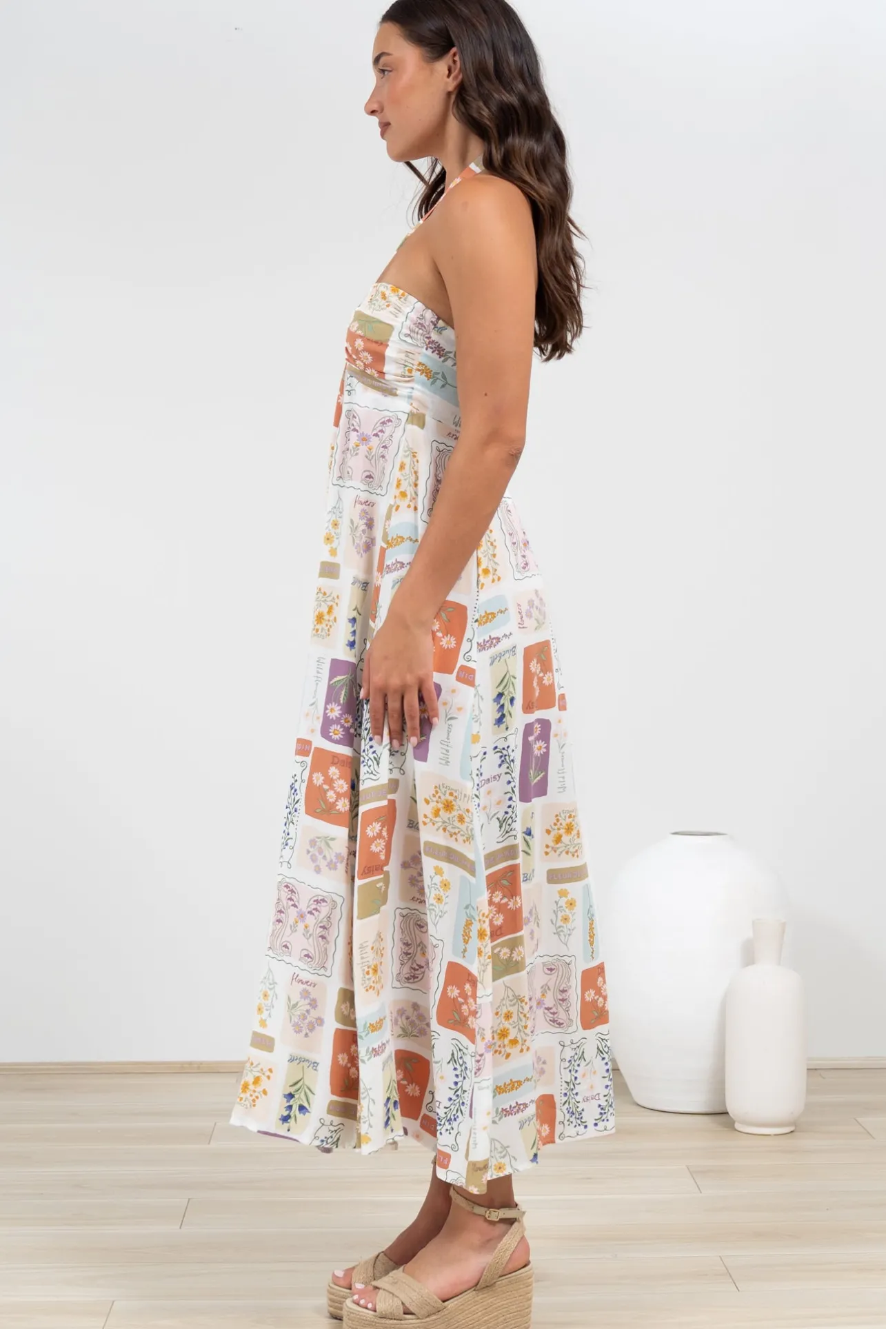 Solie Midi Dress - Halter Neck Dress with Elasticated Back in Reina Print>Salty Crush Online