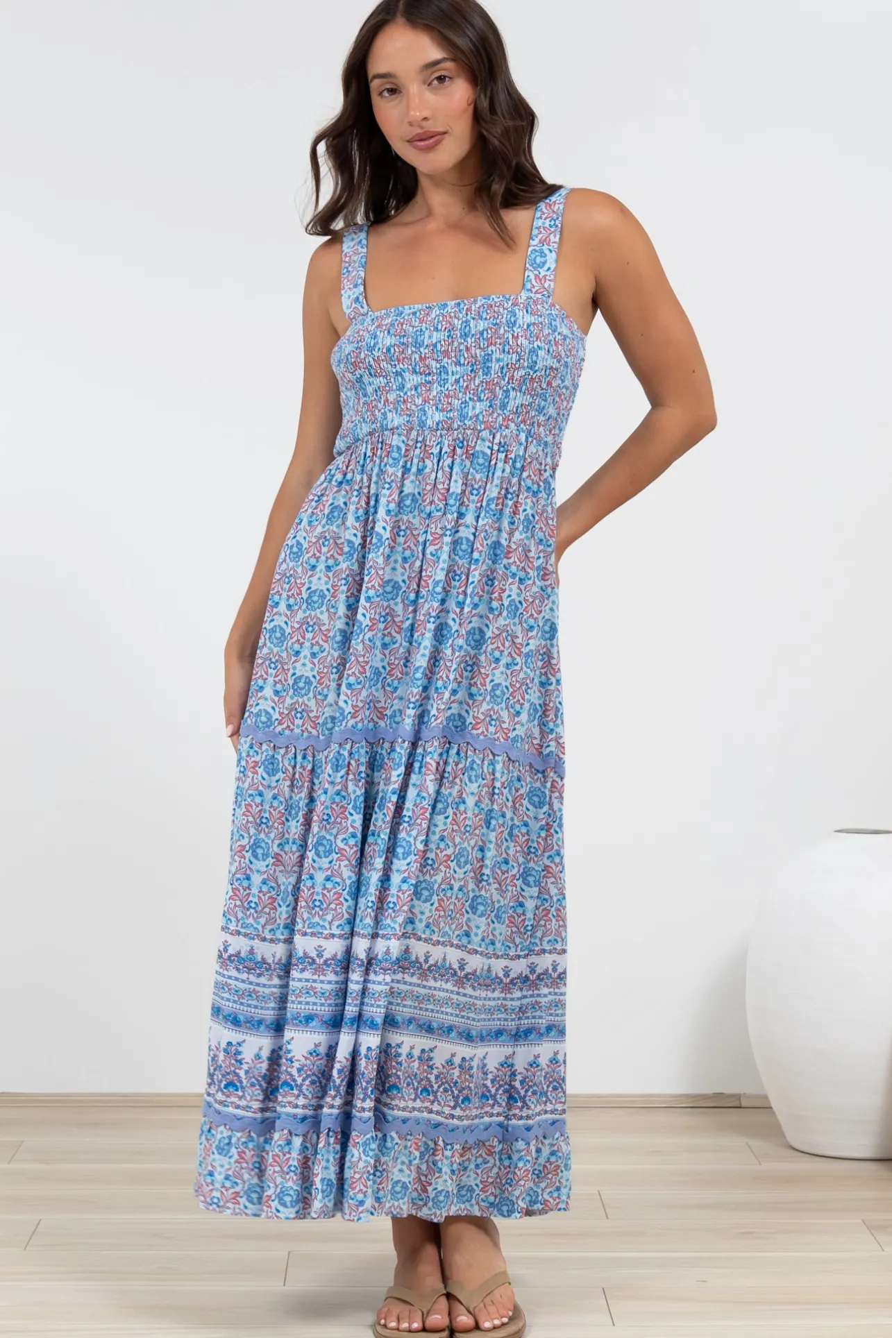 Sophea Midi Dress - Adjustable Strap Tiered Ric Rac Spliced Sun Dress in Iolana Print>Salty Crush Discount