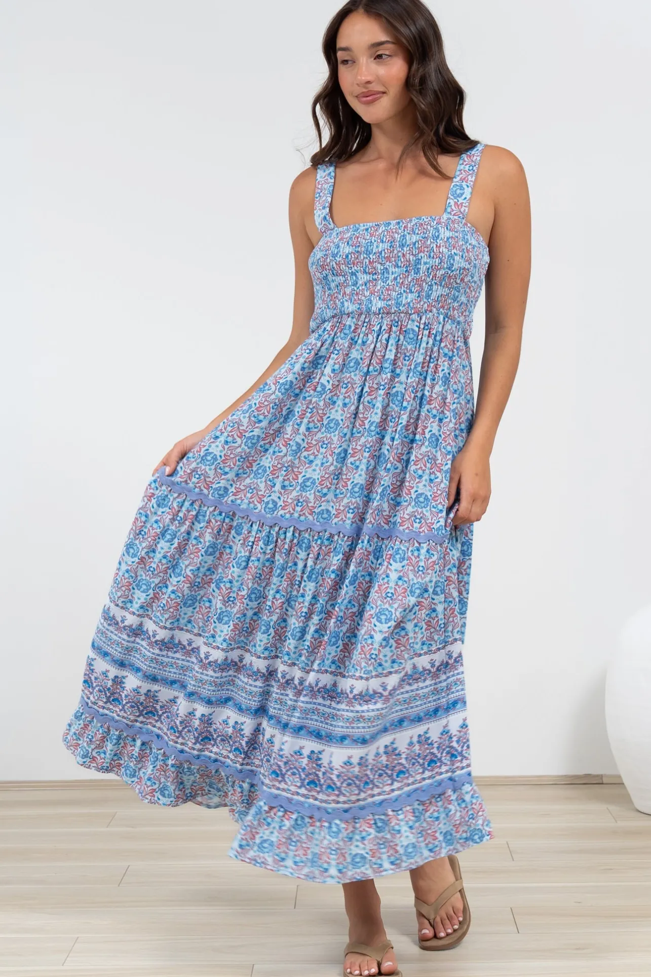 Sophea Midi Dress - Adjustable Strap Tiered Ric Rac Spliced Sun Dress in Iolana Print>Salty Crush Discount