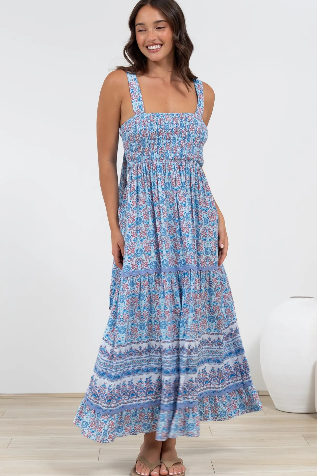 Sophea Midi Dress - Adjustable Strap Tiered Ric Rac Spliced Sun Dress in Iolana Print>Salty Crush Discount