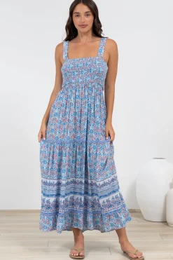 Sophea Midi Dress - Adjustable Strap Tiered Ric Rac Spliced Sun Dress in Iolana Print><noscript><img width=