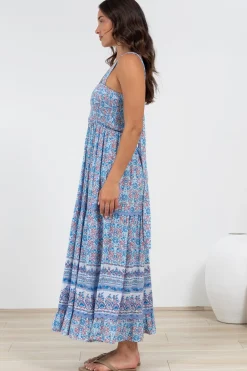 Sophea Midi Dress - Adjustable Strap Tiered Ric Rac Spliced Sun Dress in Iolana Print><noscript><img width=