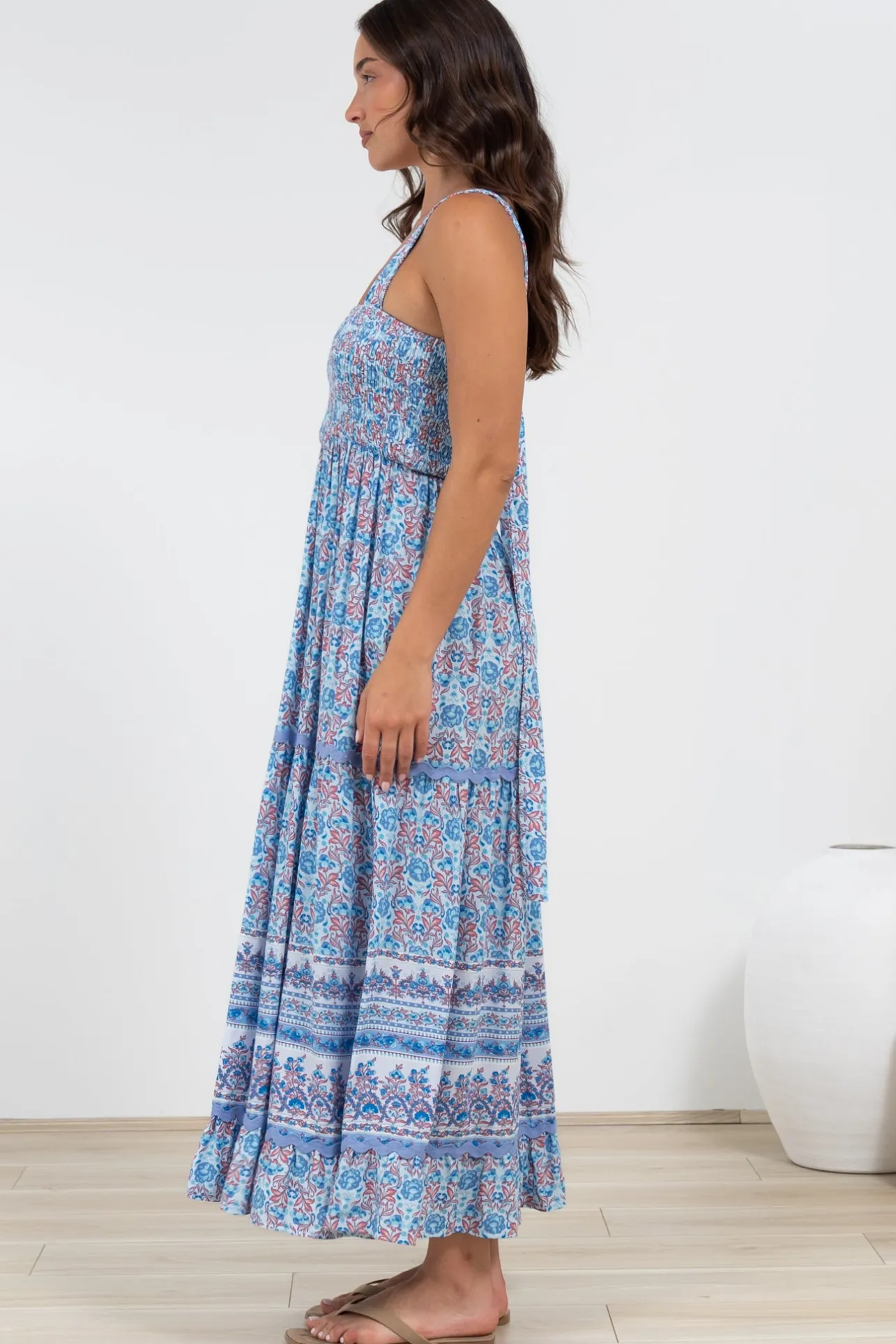 Sophea Midi Dress - Adjustable Strap Tiered Ric Rac Spliced Sun Dress in Iolana Print>Salty Crush Discount