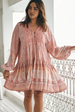 Sparrow Mini Dress - Lace Neckline Balloon Sleeve Smock Dress in Swan Lake Print>Jaase Sale