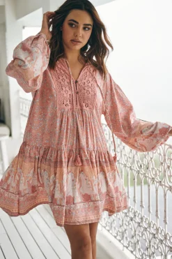 Sparrow Mini Dress - Lace Neckline Balloon Sleeve Smock Dress in Swan Lake Print><noscript><img width=