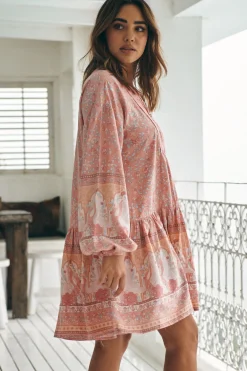 Sparrow Mini Dress - Lace Neckline Balloon Sleeve Smock Dress in Swan Lake Print><noscript><img width=
