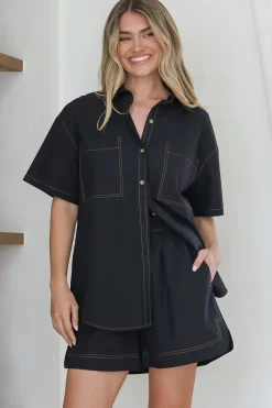 Steele Shirt - Collared Button Down Shirt with Contrast Stitching in Black>Salty Crush Outlet