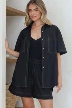 Steele Shirt - Collared Button Down Shirt with Contrast Stitching in Black><noscript><img width=