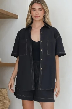 Steele Shirt - Collared Button Down Shirt with Contrast Stitching in Black><noscript><img width=