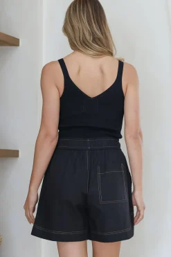 Steele Shorts - Elasticated High Waist Contrast Stitched Shorts in Black><noscript><img width=